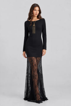 Black Long Sleeve Boat Neck Bodycon Maxi Dress with Sheer Lace Hem [erp-image:2332d00de2bfd255c2fbe25a]