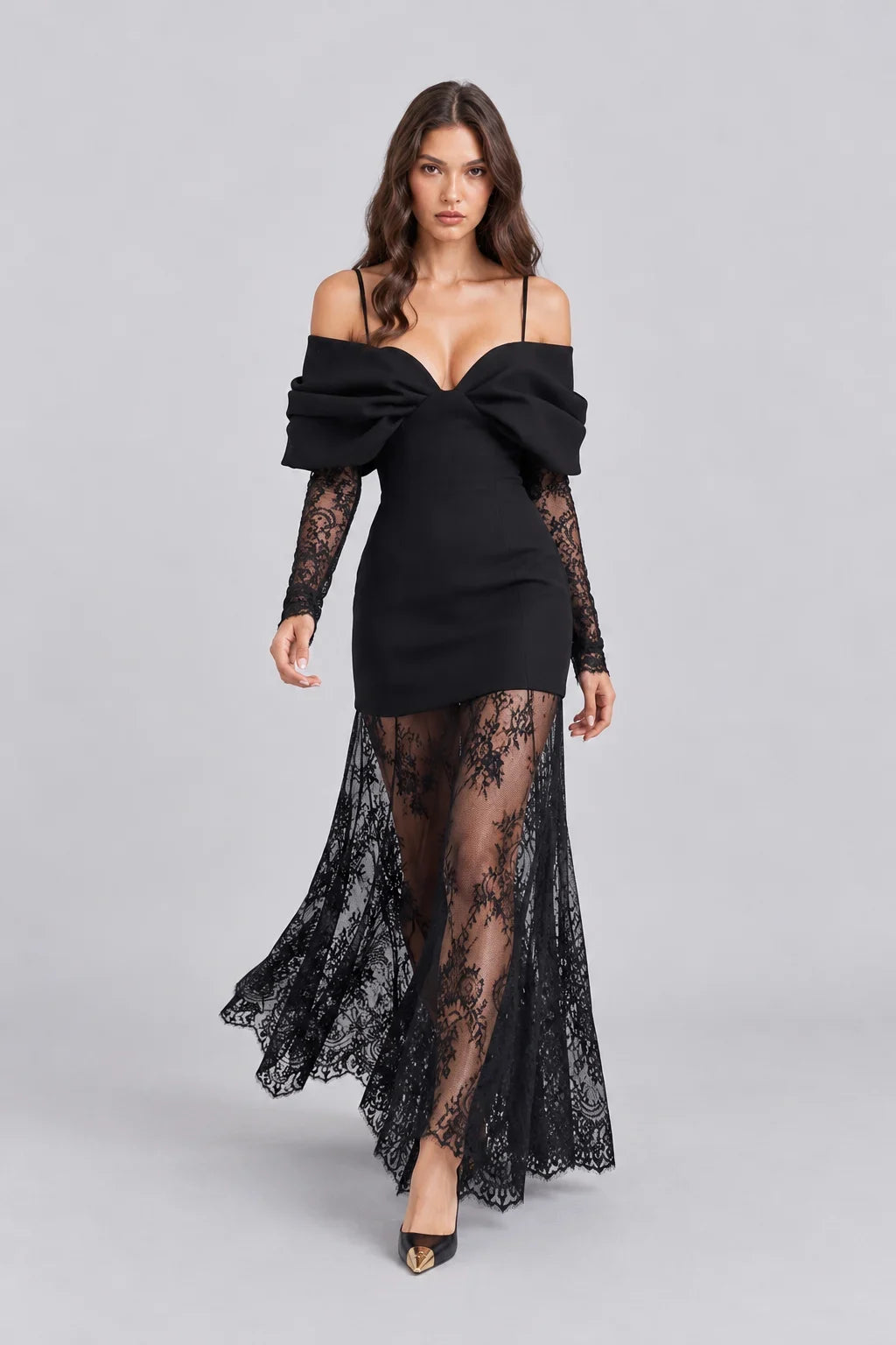 Women Black Cold Shoulder Bow Mini Dress and Sheer Lace Maxi Skirt Two Piece Set [erp-image:9441e747fc995c060d06e7dc]