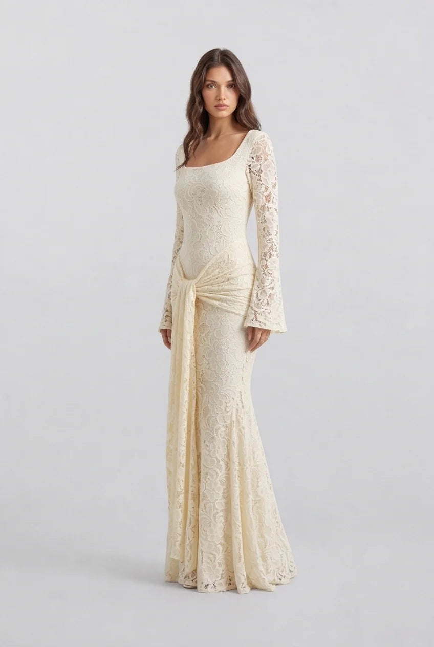 Butter Yellow Floral Lace Long Sleeve Maxi Dress with Draped Waist Sash [erp-image:c6b5ba945820a897ee64056c]
