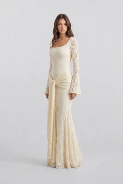 Butter Yellow Floral Lace Long Sleeve Maxi Dress with Draped Waist Sash [erp-image:c6b5ba945820a897ee64056c]