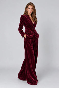 Women's Velvet Notch Lapel Blazer and Wide Leg Trousers Two Piece Suit Set [erp-image:c2ca0099831c15a6032dd4ca]