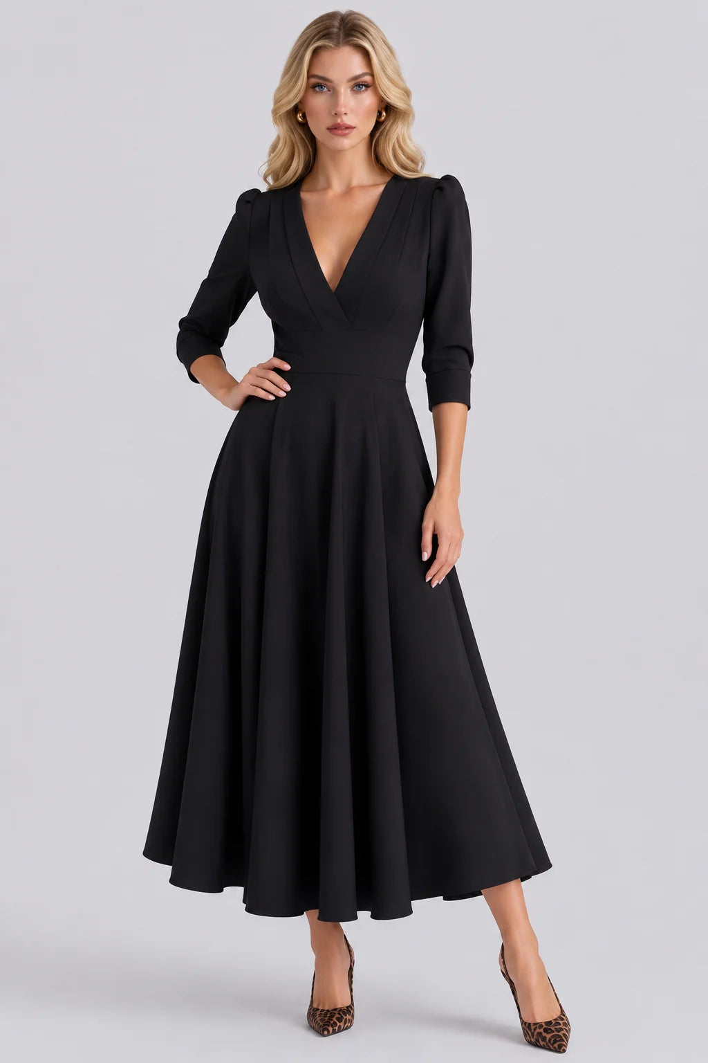V-Neck Midi Dress with Puff Sleeves and Pleated Waistline [erp-image:8534e7614c37416273d1a183]