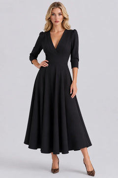V-Neck Midi Dress with Puff Sleeves and Pleated Waistline [erp-image:8534e7614c37416273d1a183]