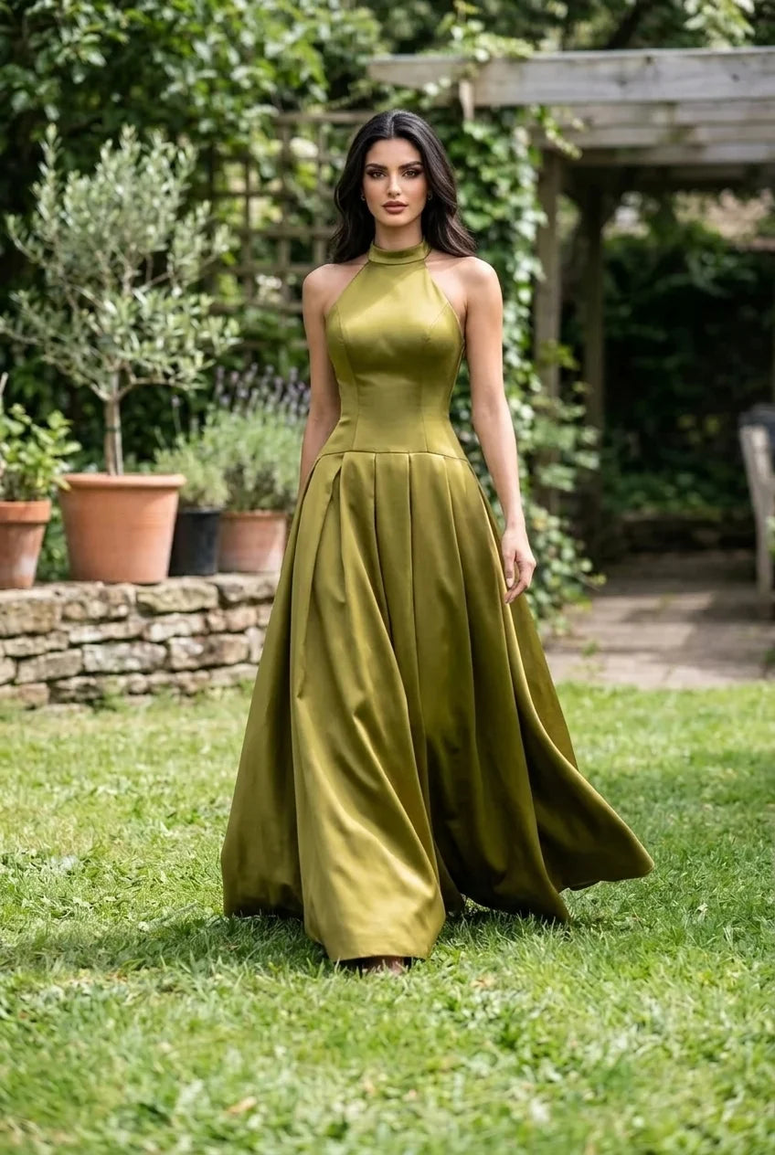 Olive Green Satin Halter Neck Drop Waist Pleated Formal Gown Maxi Dress [erp-image:934c887da17eea81eeefe41f]