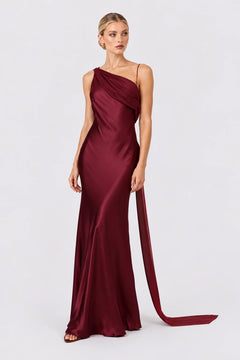 Burgundy One Shoulder Draped Satin Maxi Evening Dress with Floor Length Sash [erp-image:93816b85062ade5ab4147210]
