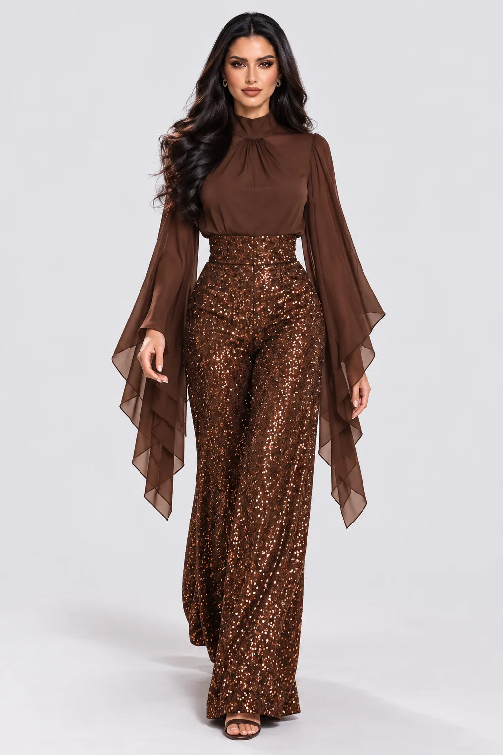 Brown High Neck Cape Sleeve Blouse and Sequin Wide Leg Pants Two Piece Set [erp-image:a93ac1952d89d819fcdae429]