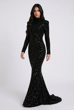 Black Sequin High Neck Long Sleeve Mermaid Maxi Evening Dress [erp-image:37672586e5964e89456e6b48]