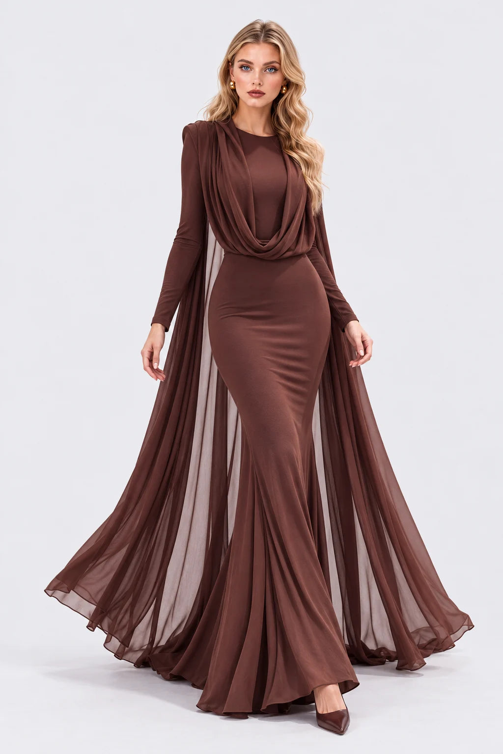 Brown Draped Cape Hooded Long Sleeve Mermaid Maxi Evening Dress [erp-image:20db2070e4c7370f2bb477c6]