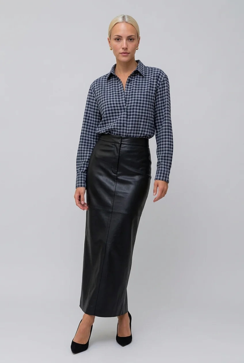 Plaid Long Sleeve Button-Down Shirt and Black Faux Leather Maxi Skirt Two Piece Set [erp-image:36270996c281d8c77ad54076]