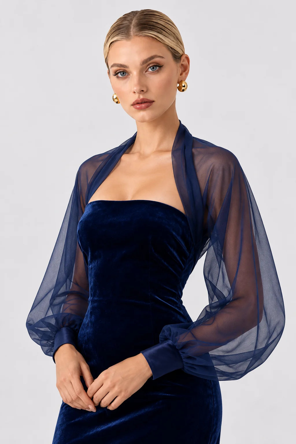 Navy Blue Velvet Strapless Midi Dress with Sheer Puff Sleeve Shrug [erp-image:783235b6bb53456005ccd70d]