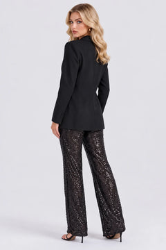 Women's Black Single Breasted Blazer and Sequin Wide Leg Pants Two Piece Set [erp-image:503feb5dd6ee620e591139f6]