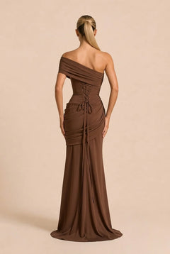 Brown Asymmetric Corset Lace-Up Draped Mermaid Maxi Evening Dress [erp-image:dea07d3a8139d8072742946f]