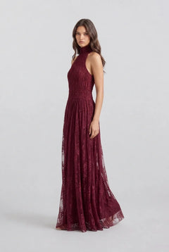 Burgundy Halter High Neck Pleated Mesh Sleeveless Maxi Evening Dress [erp-image:292bbc86f7ac5c66c2abdc7b]