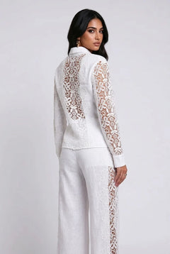 White Lace Panel Long Sleeve Shirt and Wide Leg Pants Two Piece Set [erp-image:2e289423b1da37e3b539a1ff]