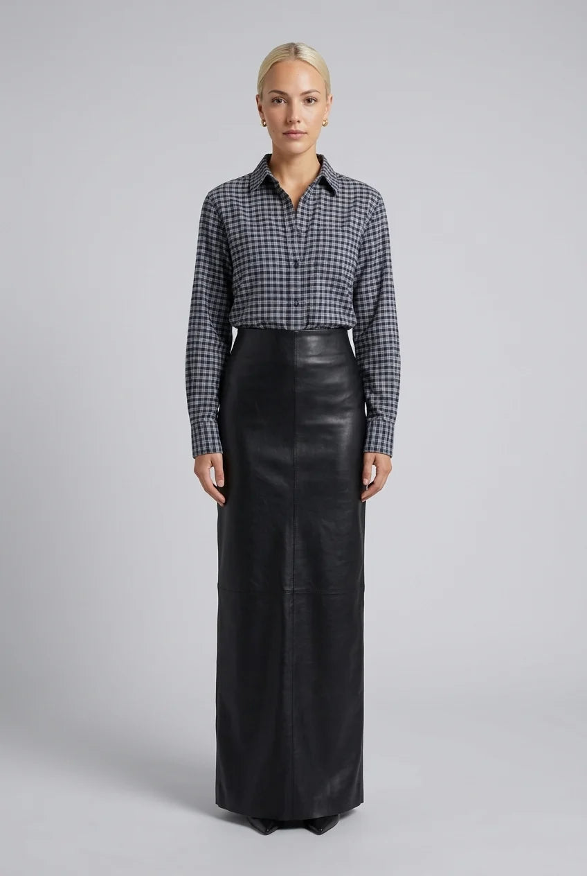 Plaid Long Sleeve Button-Down Shirt and Black Faux Leather Maxi Skirt Two Piece Set [erp-image:0cf4802e646433a175998ed3]