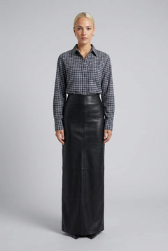 Plaid Long Sleeve Button-Down Shirt and Black Faux Leather Maxi Skirt Two Piece Set [erp-image:0cf4802e646433a175998ed3]