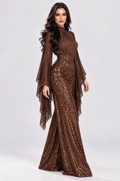 Brown High Neck Cape Sleeve Blouse and Sequin Wide Leg Pants Two Piece Set [erp-image:c9c8caedd0b3c5ecfd7e9c3e]