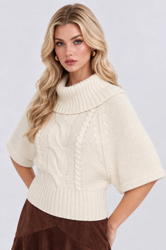 Cowl Neck Cable Knit Poncho Sweater Short Sleeve Pullover Top [erp-image:63dcb51208d046f27d116d90]