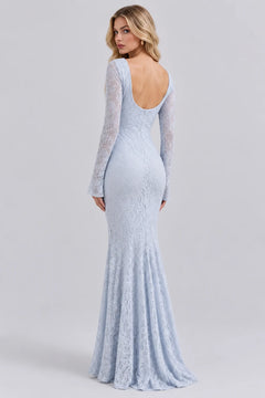 Square Neck Long Sleeve Lace Draped Front Maxi Dress [erp-image:09eb45842cefc5a3c8d689a5]