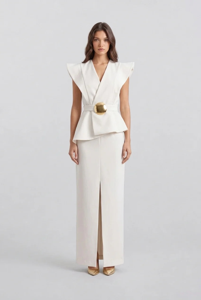 V-Neck Sculptural Shoulder Peplum Maxi Dress with Slit and Statement Belt [erp-image:673226554b37336e643030e3]