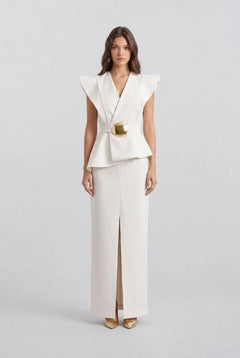 V-Neck Sculptural Shoulder Peplum Maxi Dress with Slit and Statement Belt [erp-image:673226554b37336e643030e3]