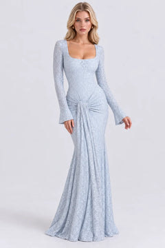 Square Neck Long Sleeve Lace Draped Front Maxi Dress [erp-image:576c0bd245305aae892ca1db]