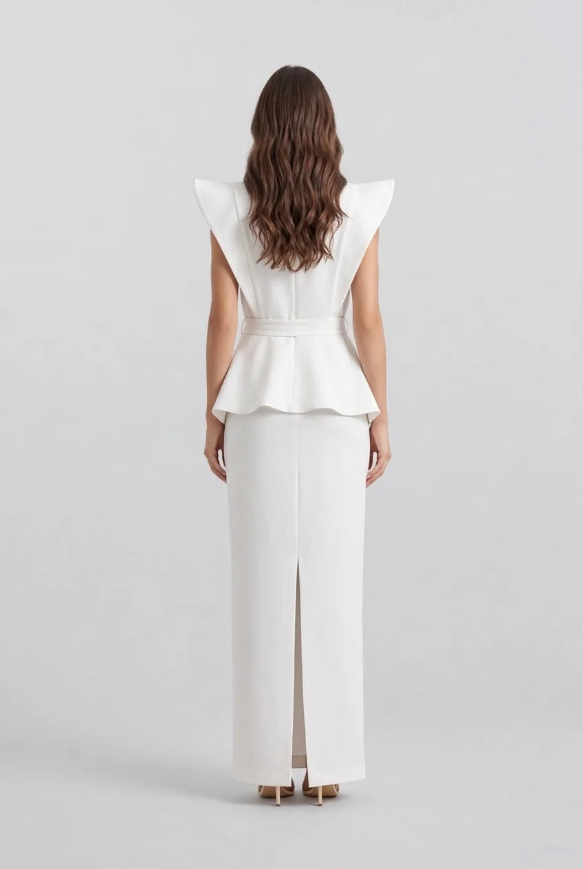 V-Neck Sculptural Shoulder Peplum Maxi Dress with Slit and Statement Belt [erp-image:8924dbecddf87f6debe3e515]