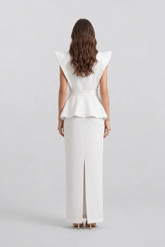 V-Neck Sculptural Shoulder Peplum Maxi Dress with Slit and Statement Belt [erp-image:8924dbecddf87f6debe3e515]