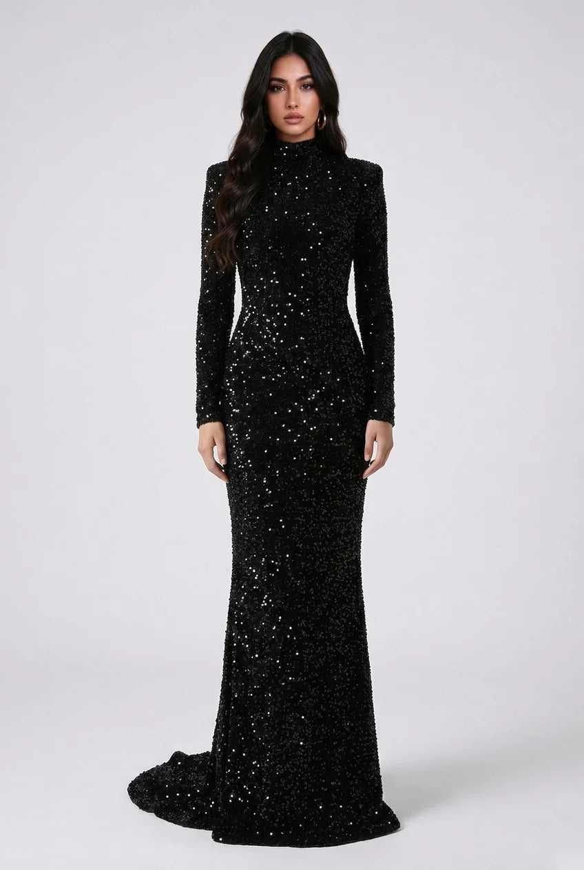 Black Sequin High Neck Long Sleeve Mermaid Maxi Evening Dress [erp-image:13e64bf7b8094538efa19702]