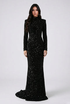 Black Sequin High Neck Long Sleeve Mermaid Maxi Evening Dress [erp-image:13e64bf7b8094538efa19702]
