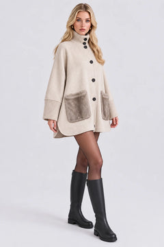 High Neck Button Up Swing Cape Coat with Faux Fur Patch Pockets [erp-image:8958d555a97eaf00d133878c]