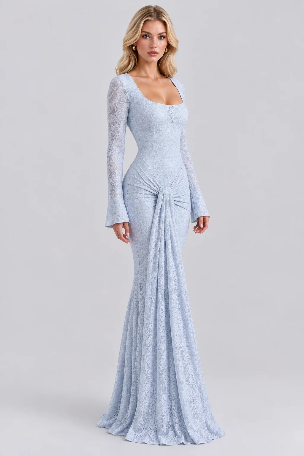 Square Neck Long Sleeve Lace Draped Front Maxi Dress [erp-image:c91a3a15d2ecb3e78b4e9b3b]