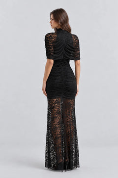 High Neck Ruched Black Floral Lace Semi Sheer Column Maxi Dress [erp-image:0fe4ad49df46c5a7a96bc086]