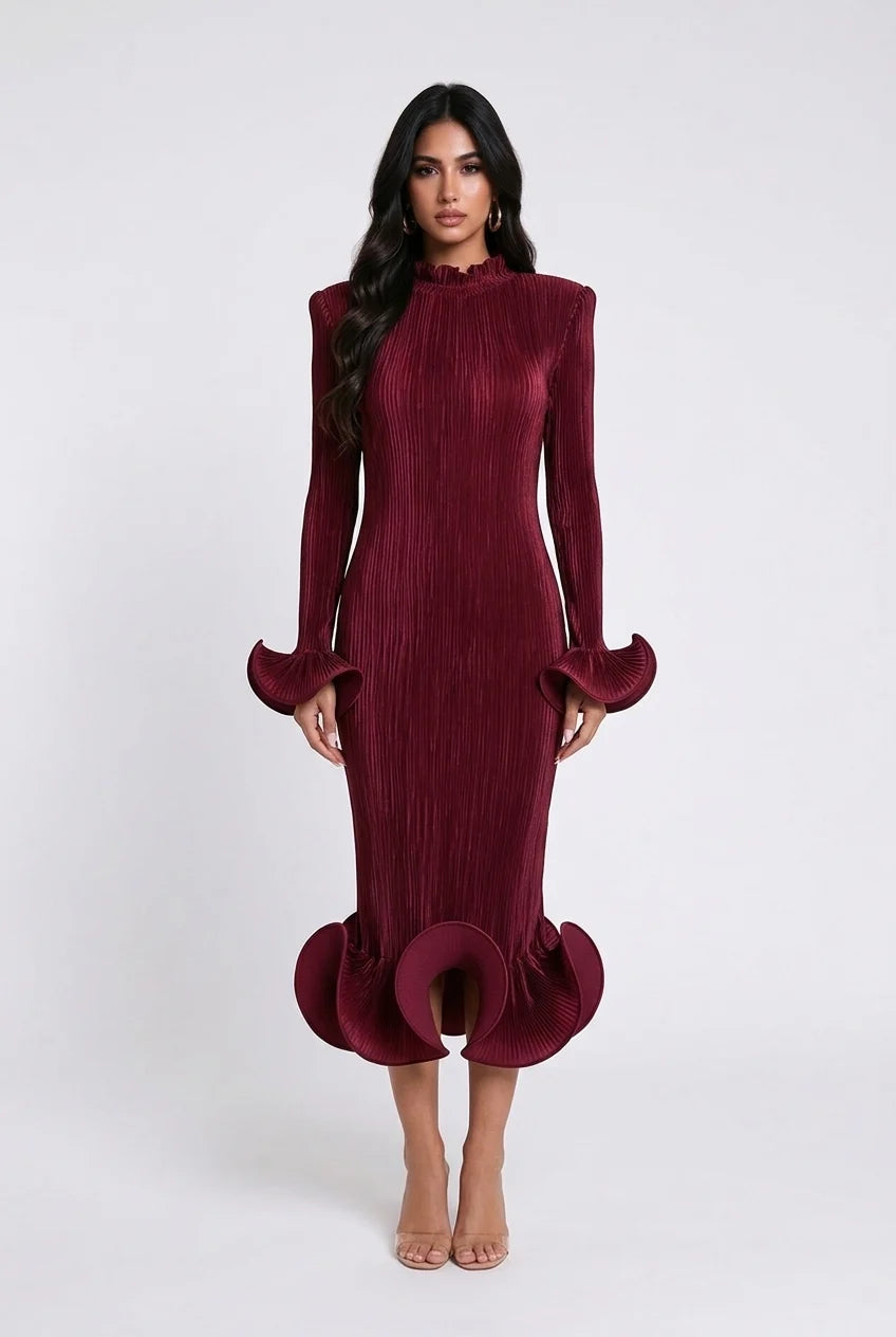 Pleated High Neck Long Sleeve Fluted Cuff Maxi Dress [erp-image:f89ff5f9d9d67f6568e73b87]