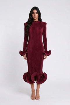 Pleated High Neck Long Sleeve Fluted Cuff Maxi Dress [erp-image:f89ff5f9d9d67f6568e73b87]