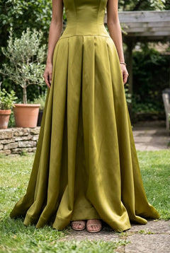 Olive Green Satin Halter Neck Drop Waist Pleated Formal Gown Maxi Dress [erp-image:3a70a4ff8c49200b0286b8bf]