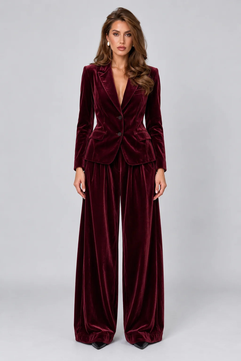Women's Velvet Notch Lapel Blazer and Wide Leg Trousers Two Piece Suit Set [erp-image:09e6007a23c81bd4465f9581]