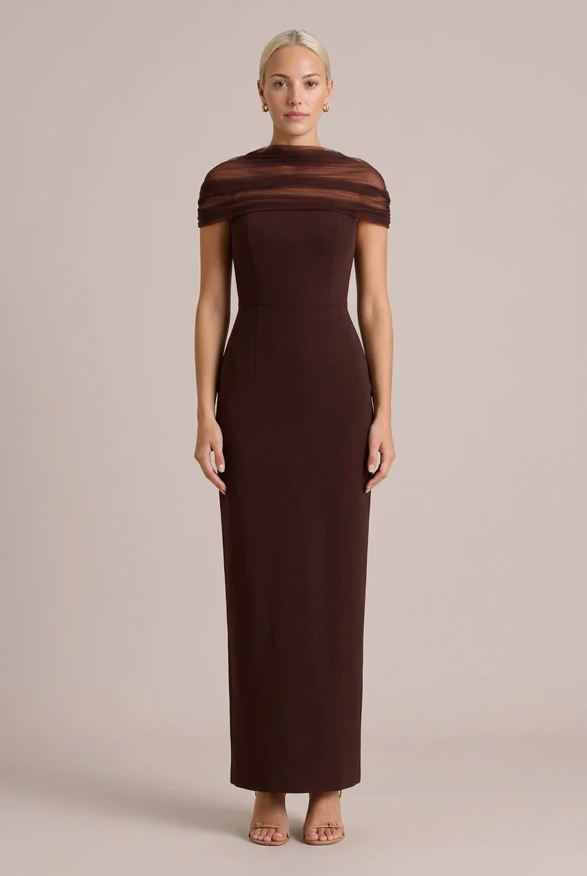 Mesh Draped Off the Shoulder Sleeveless Column Maxi Dress [erp-image:642eb79bec9e7cd13ee4456b]