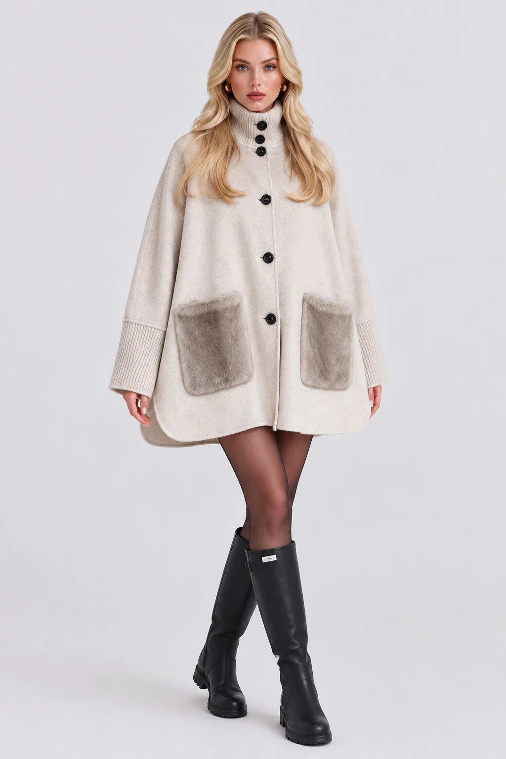 High Neck Button Up Swing Cape Coat with Faux Fur Patch Pockets [erp-image:576ed1c2e79dcba146334124]