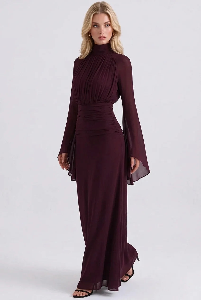 High Neck Pleated Bodice Flared Sleeve Ruched Maxi Evening Dress [erp-image:a511180ac1cbe7e01995f83a]