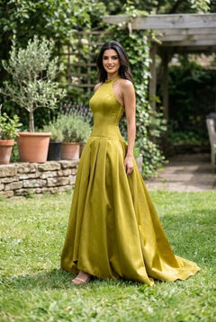 Olive Green Satin Halter Neck Drop Waist Pleated Formal Gown Maxi Dress [erp-image:d8e202c601568448b248c681]