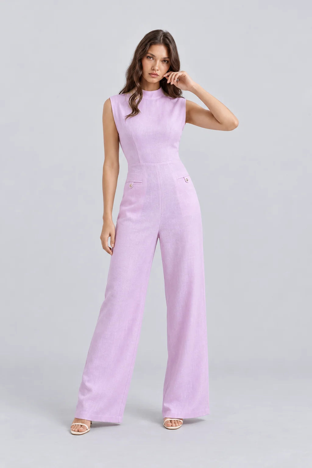 Sleeveless High Neck Wide Leg Jumpsuit in Light Pink [erp-image:46d0a0b138080d575228986f]