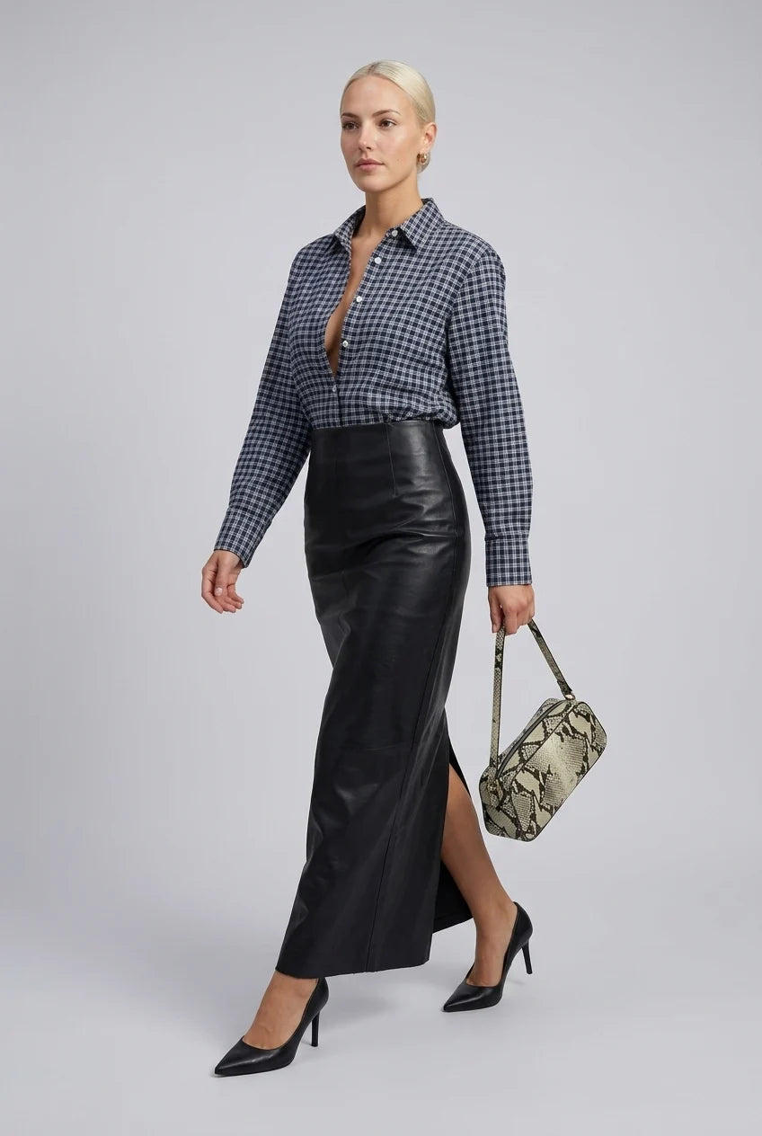 Plaid Long Sleeve Button-Down Shirt and Black Faux Leather Maxi Skirt Two Piece Set [erp-image:a7fe614c4e4e4cbe9dd1e5c9]