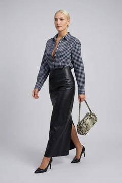 Plaid Long Sleeve Button-Down Shirt and Black Faux Leather Maxi Skirt Two Piece Set [erp-image:a7fe614c4e4e4cbe9dd1e5c9]