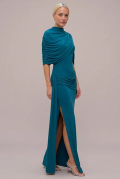 High Neck Draped Cape Asymmetric Ruched Maxi Dress with Slit [erp-image:dee42fae99799269be0d8871]