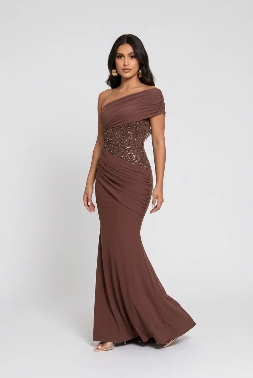 Brown One Shoulder Sequin Corset Draped Mermaid Maxi Evening Gown [erp-image:35b1a66cb42b2e50ee7cdc7b]