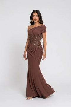 Brown One Shoulder Sequin Corset Draped Mermaid Maxi Evening Gown [erp-image:35b1a66cb42b2e50ee7cdc7b]