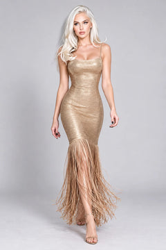 Gold Metallic Spaghetti Strap Fringe Mermaid Maxi Dress for Evening Party [erp-image:c93aa53fa2d3159694592403]