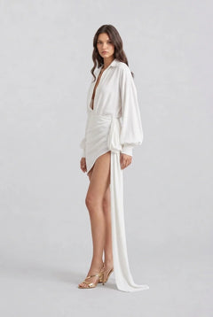 Plunging Deep V-Neck Long Sleeve Draped Mini Dress with Side Sash Train [erp-image:66f4937fb2873ac1475f3d42]
