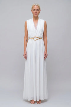 Sleeveless Deep V-Neck Lace Trim Pleated Maxi Dress in White [erp-image:535b4745189181767762f017]
